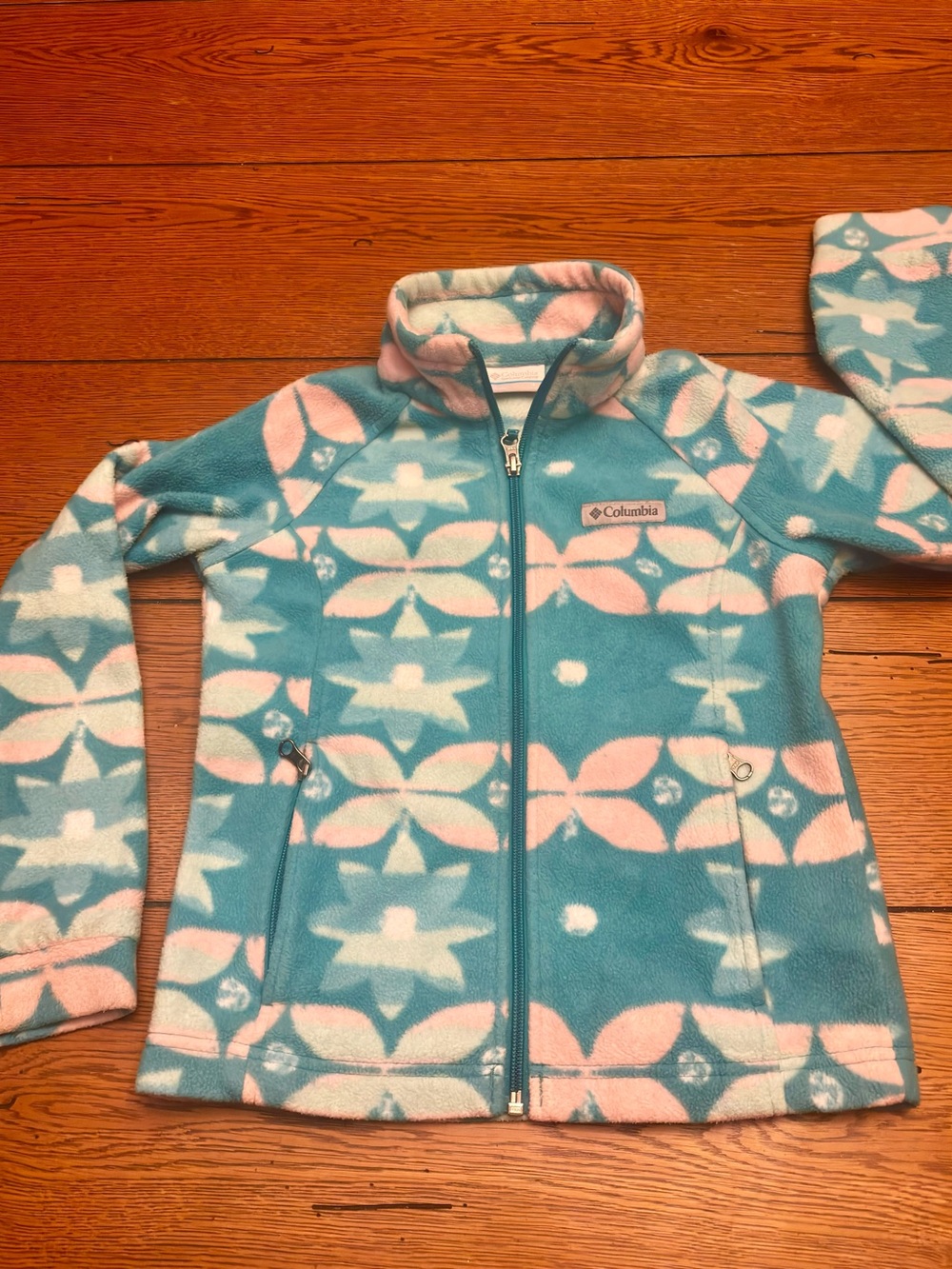 Columbia Teal and Pink Floral-Pattern Fleece Jacket Size Small 7/8